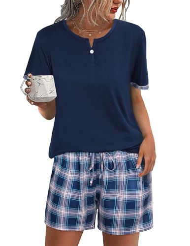 Irdcomps Schlafanzug Damen Pyjama Kurz Shorty Sommer Baumwolle Nachtwäsche Set Kurzarm Karierte Schlafanzüge Navyblau L von Irdcomps