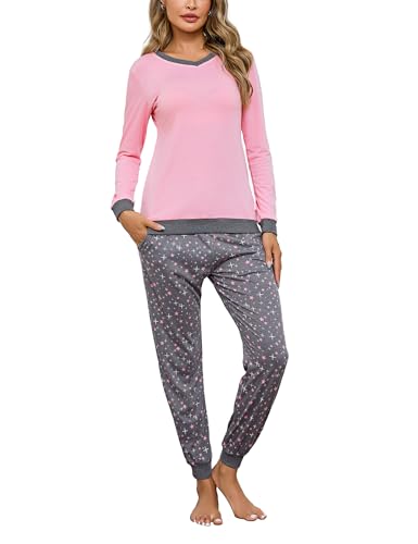 Irdcomps Schlafanzug Damen Pyjama Lang Baumwolle Winter Zweiteilige Nachtwäsche Set Langarm Rosa M von Irdcomps