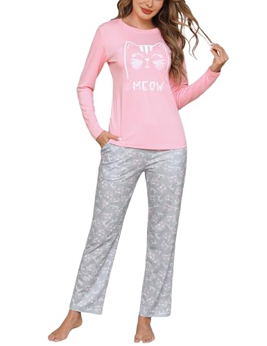 Irdcomps Schlafanzug Damen Pyjama Lang Winter Baumwolle Nachtwäsche Set Langarm Schlafhose mit Katze Grau S Irdcomps Schlafanzug Damen Pyjama Lang Winter Baumwolle Nachtwäsche Set Langarm Schlafhose mit Katze Grau S von Irdcomps