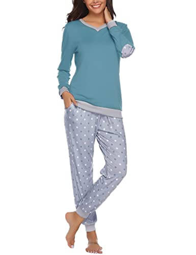 Irdcomps Schlafanzug Damen Winter Pyjamas Lang Baumwolle Zweiteilige Nachtwäsche Langarm Hausanzug Lange Pyjamashose mit Bündchen Taschen Blau L von Irdcomps