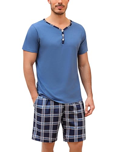 Irdcomps Schlafanzug Herren Pyjama Kurz Shorty Sommer Baumwolle Nachtwäsche Set Schlafanzüge Männer Karierter Kurzarm Blau XXL von Irdcomps