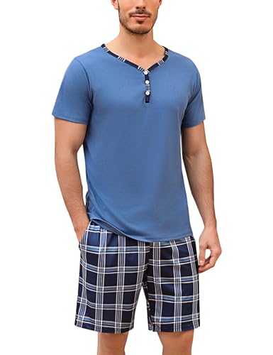 Irdcomps Schlafanzug Herren Kurz Pyjama Baumwolle Shorty Set Zweiteilige Nachtwäsche Hausanzug Schlafanzüge Männer Karierter Gummibund mit Knöpfen Kurzarm Schlafshirt Sommer Blau M von Irdcomps