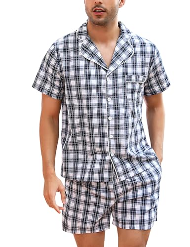 Irdcomps Schlafanzug Herren Kurz Pyjama Baumwolle Kurzarm Karierter Shorty Männer Nachtwäsche zum Knöpfen Sommer Blau XXL von Irdcomps