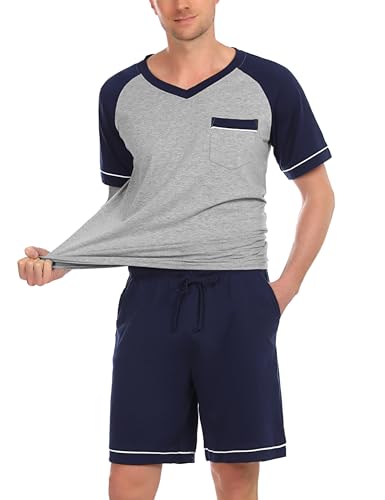 Irdcomps Schlafanzug Herren Kurz Pyjama Baumwolle Shorty Zweiteilige Pyjamas Set Nachtwäsche Kurzarm Tshirt Schlafanzughose für Männer Sommer Schlafanzüge mit Brusttasche Navyblau L von Irdcomps