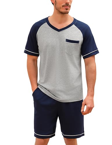 Irdcomps Schlafanzug Herren Pyjama Kurz Shorty Sommer Baumwolle Nachtwäsche Set Kurzarm Männer Schlafanzüge Navyblau M von Irdcomps