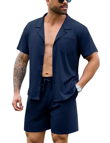 Irdcomps Schlafanzug Herren Kurz Pyjama Set Sommer Shorty Männer Baumwolle Nachtwäsche Kurzarm zum Knöpfen Navyblau L von Irdcomps