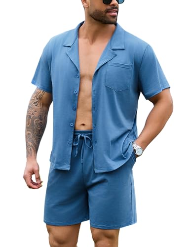 Irdcomps Schlafanzug Herren Kurz Pyjama Sommer Set Shorty Männer Baumwolle Nachtwäsche Geknöpft Kurzarm Blau 3XL von Irdcomps