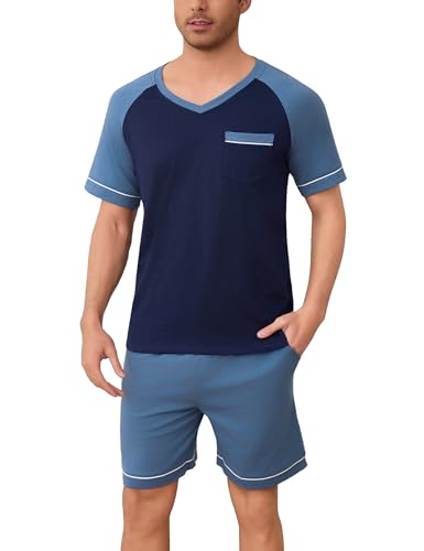 Irdcomps Schlafanzug Herren Kurz Pyjama Sommer Shorty Baumwolle Nachtwäsche Set Kurzarm Männer Schlafanzüge Dunkelblau XXL von Irdcomps