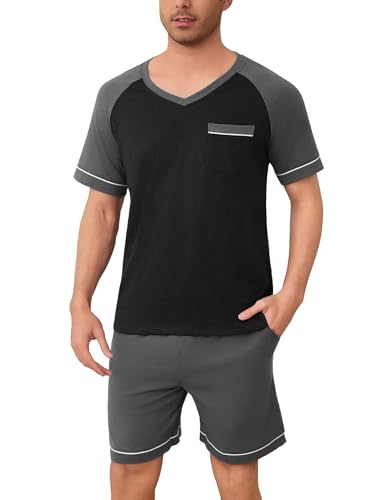 Irdcomps Schlafanzug Herren Kurz Pyjama Sommer Shorty Männer Baumwolle Nachtwäsche Set Kurzarm Schlafanzüge Dunkelgrau XXL von Irdcomps