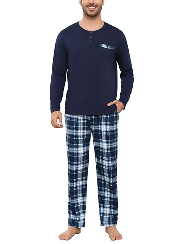 Irdcomps Schlafanzug Herren Lang Pyjama Baumwolle Zweiteilige Nachtwäsche Set Männer Winter Rundhals mit Brusttasche Navyblau XL von Irdcomps
