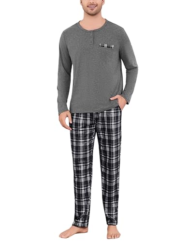 Irdcomps Herren Schlafanzug Lang Pyjama Baumwolle Winter Set Zweiteilige Nachtwäsche Männer Langarm mit Brusttasche Grau M von Irdcomps