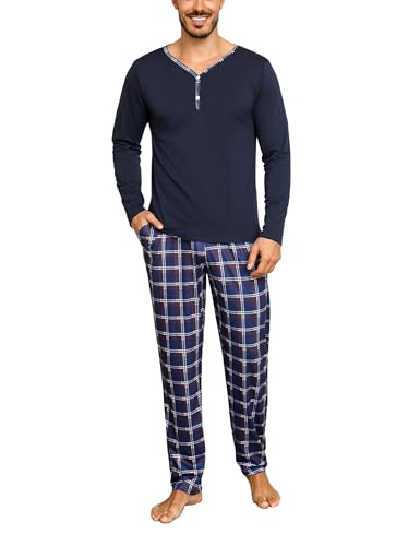 Irdcomps Schlafanzug Herren Lang Pyjama Baumwolle Nachtwäsche Set Männer Karierter V-Ausschnitt mit Knöpfen Navyblau M Irdcomps Schlafanzug Herren Lang Pyjama Baumwolle Nachtwäsche Set Männer Karierter V-Ausschnitt mit Knöpfen Navyblau M von Irdcomps