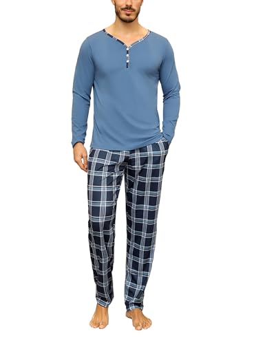 Irdcomps Schlafanzug Herren Lang Pyjama Baumwolle Nachtwäsche Set Männer Karierter mit Knöpfen Blau XL von Irdcomps