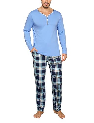 Irdcomps Schlafanzug Herren Pyjama Lang Baumwolle Winter Nachtwäsche Set Männer mit Karierter Schlafanzughose Hellblau XXL Irdcomps Schlafanzug Herren Pyjama Lang Baumwolle Winter Nachtwäsche Set Männer mit Karierter Schlafanzughose Hellblau XXL von Irdcomps