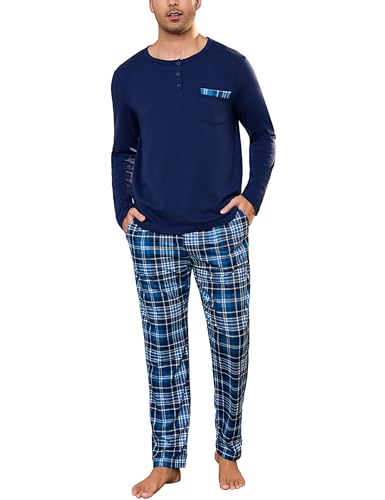 Irdcomps Schlafanzug Herren Pyjama Lang Set Zweiteilige Nachtwäsche Männer Baumwolle Winter Kariert mit Brusttasche Dunkelblau XL von Irdcomps