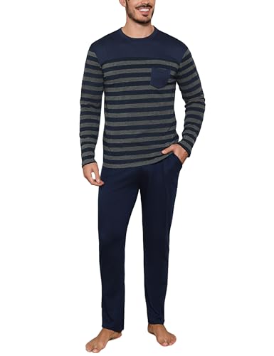 Irdcomps Schlafanzug Herren Pyjama Lang Winter Baumwolle Nachtwäsche Set Männer Langarm Navyblau XXL von Irdcomps