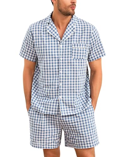 Irdcomps Schlafanzug für Herren Pyjama Kurz Sommer Baumwolle Kurzarm Karierter Shorty Set Männer Nachtwäsche Sleepwear mit Knöpfen Dunkelblau L von Irdcomps