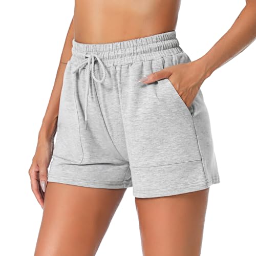 Irdcomps Shorts Damen Sportshorts Kurze Sporthose Jogginghose Baumwolle Trainingshose Sport Shorts Sommer High Waist mit Taschen Elastischer Bund zum Running Gym Grau M von Irdcomps