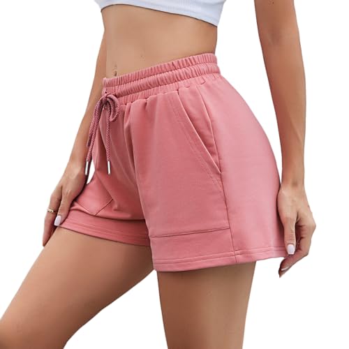 Irdcomps Kurze Sporthose Damen Shorts Sommer Jogginghose Kurz Sportshorts Running Shorts Laufshorts Trainingshose Baumwolle High Waist Rosa L von Irdcomps