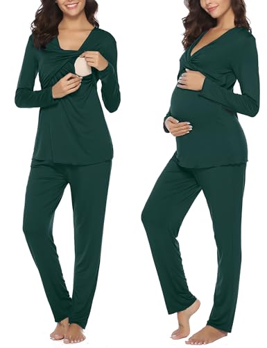Irdcomps Stillpyjama Damen Baumwolle Still Schlafanzug Lang Langarm Pyjama Schwangerschaft Umstandspyjama Stillfunktion Nachtwäsche Grün S von Irdcomps