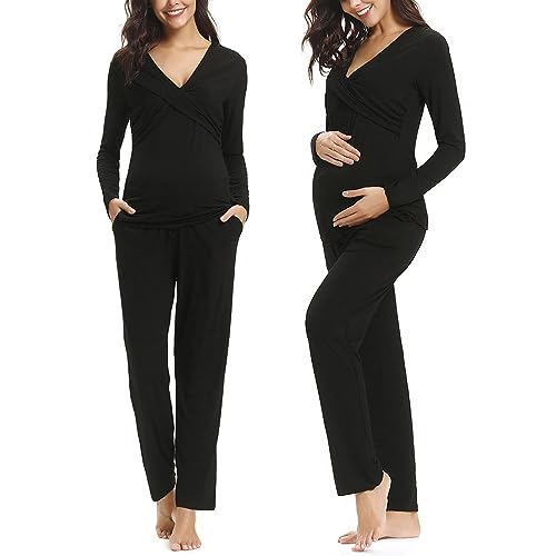 Irdcomps Stillpyjama Damen Lang Stillschlafanzug Baumwolle Umstandspyjama Lang Schwangerschaft Pyjama Stillfunktion Nachtwäsche Langarm Winter Schwarz L von Irdcomps