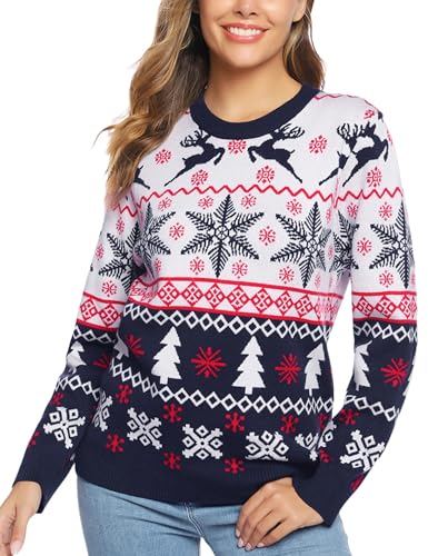 Irdcomps Weihnachtspullover Damen Christmas Sweater Langarm Weihnachtspulli mit Rentiermuster Strickpulli Winter für Weihnachtsparty Blau L von Irdcomps