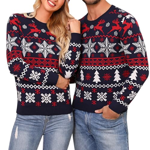 Irdcomps Weihnachtspullover Damen Christmas Sweater Langarm Weihnachtspulli mit Rentiermuster Strickpulli Winter für Weihnachtsparty Navyblau L von Irdcomps