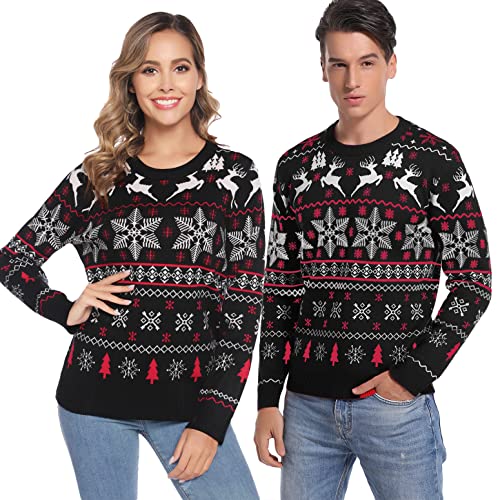 Irdcomps Weihnachtspullover Damen Christmas Sweater Langarm Weihnachtspulli mit Rentiermuster Strickpulli Winter für Weihnachtsparty Schwarz XL von Irdcomps