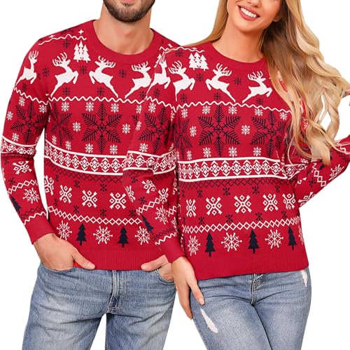 Irdcomps Weihnachtspullover Damen Christmas Sweater Weihnachtspulli Strickpulli mit Rentiermuster Langarm Winter für Weihnachtsparty Rot XL von Irdcomps