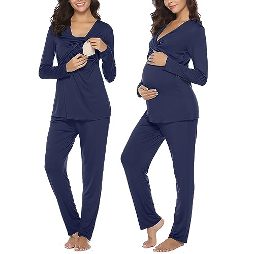 Irdcomps Stillpyjama Damen Winter Umstandspyjama Lang Stillschlafanzug Baumwolle Umstandsschlafanzug Frauen Nachtwäsche Schwangerschaft Langarm Krankenhaus Pyjama Sets Stillfunktion Navyblau M von Irdcomps