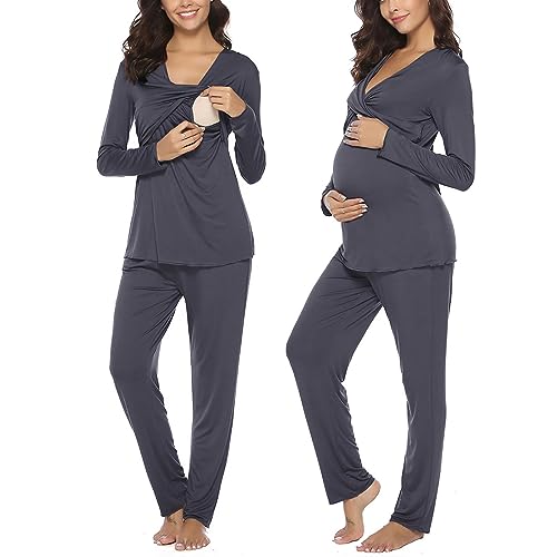 Irdcomps Stillschlafanzug Damen Lang Stillpyjama Set Winter Umstandspyjama Baumwolle Umstandsschlafanzug Frauen Nachtwäsche Schwangerschaft Langarm Krankenhaus Pyjama Sets Stillfunktion Dunkelgrau L von Irdcomps