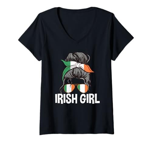 Damen Irish Girl Messy Hair Bun Irland Women Pride T-Shirt mit V-Ausschnitt Damen Irish Girl Messy Hair Bun Irland Women Pride T-Shirt mit V-Ausschnitt von Ireland Flag Designs Proud Irish Roots