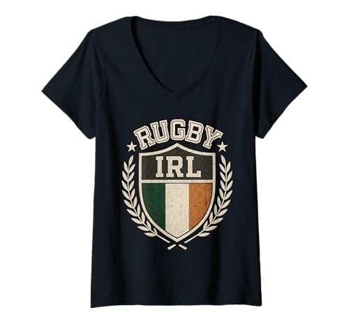 Damen Irland Rugby Vintage Irish Rugby Emblem T-Shirt mit V-Ausschnitt Damen Irland Rugby Vintage Irish Rugby Emblem T-Shirt mit V-Ausschnitt von Ireland Rugby Supporters Jersey Irish Shamrock