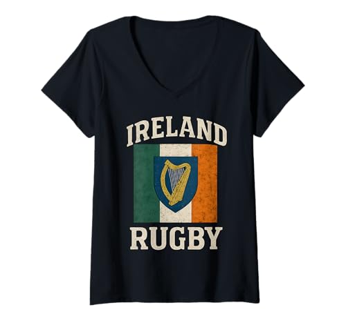 Damen Rugby mit Irland-Flagge T-Shirt mit V-Ausschnitt Damen Rugby mit Irland-Flagge T-Shirt mit V-Ausschnitt von Ireland Rugby Supporters Jersey Irish Shamrock