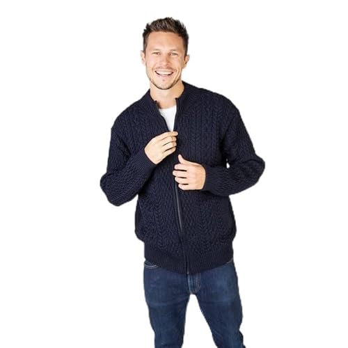 IrelandsEye Herren Langarm Aran Strukturierte Reißverschluss Strickjacke Navy, Marineblau, Mittel von IrelandsEye