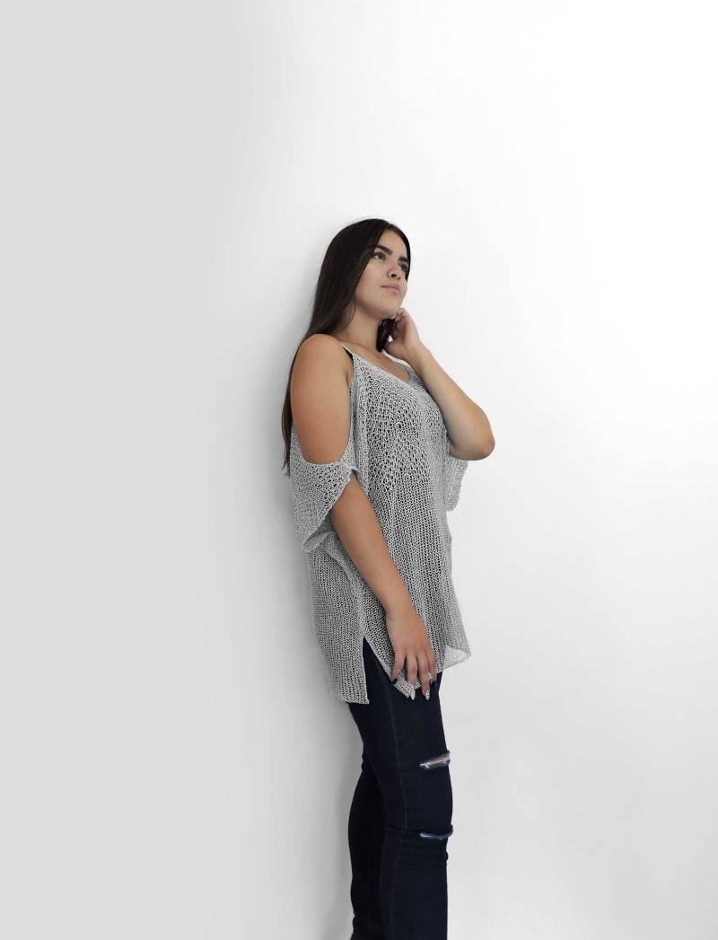 Bio-Baumwolle Strickoberteil, Sommer Loses Top, Baumwollstrickpullover, Frauen Kalte Schulter Strand Abdeckung Up, Boho Strickpullover, Gemütliches von IrenKnits