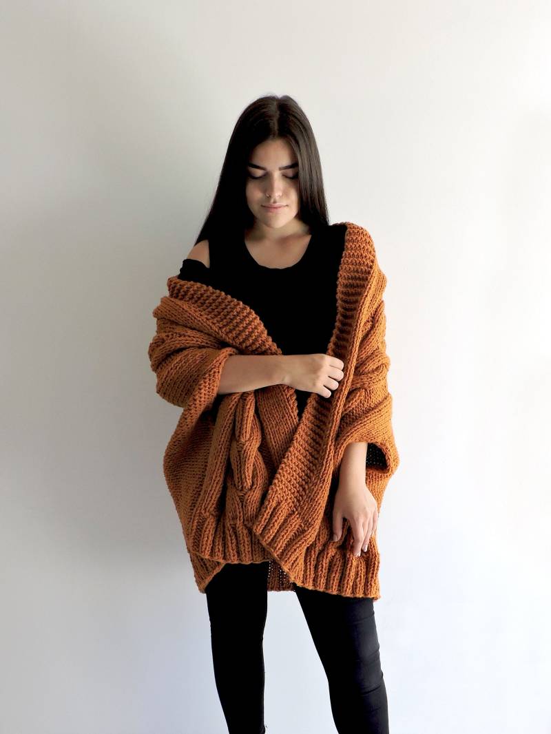 Gebrannte Orange Strickjacke, Handgestrickte Übergroße Pullover, Strickjacke Frauen, Wolle Herbst Pullover Für Gemütlich von IrenKnits