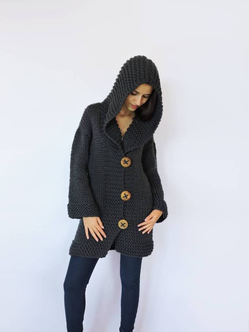 Mit Kapuze Strickjacke, Handgestrickte Pullover Aus Merinowolle, Frauen Grobstrick Mantel, Große Kapuzen-Strickjacke, Frontknöpfe, Plus Größe von IrenKnits