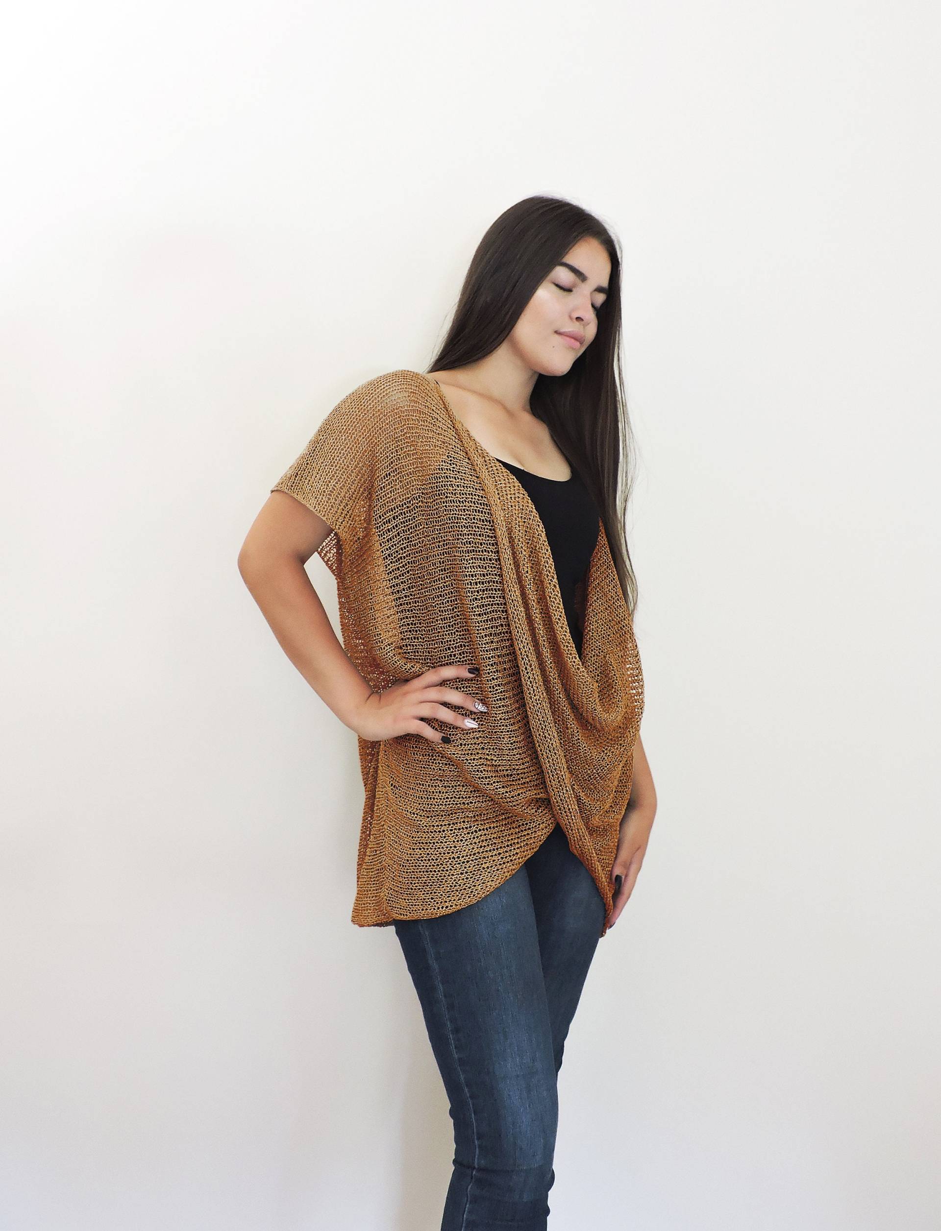 Sommer Strick Top, Durchsichtig Strickpullover, Kurzarm Wickel Tunika Baumwolle Boho Lockerer Pullover, Plus Größe von IrenKnits