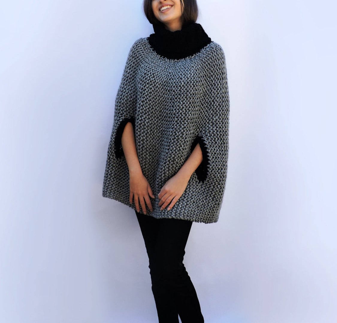 strick Poncho Graues Cape, High Neck Kimono Cardigan von IrenKnits