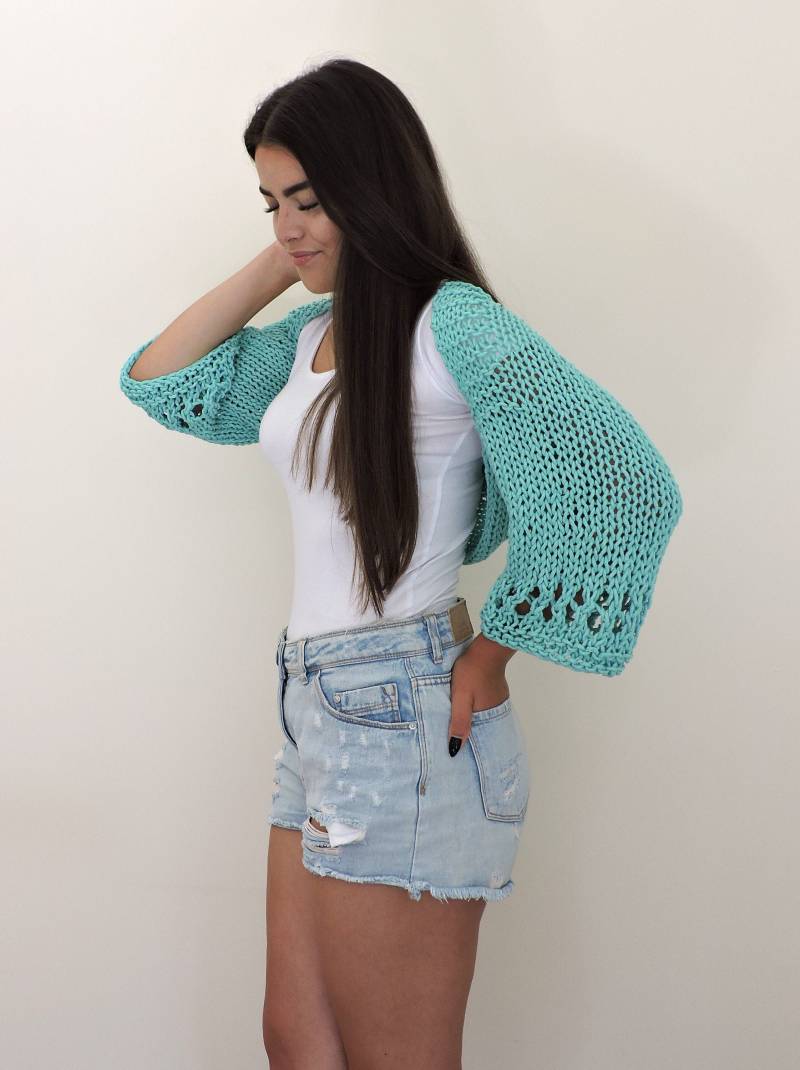 Türkisfarbener Strick Bolero, Plus Size Strickbekleidung, Kurze Strickjacke Für Frauen, Kurzes Strickoberteil, Langarm-Strickjacke, Kurzüberzug von IrenKnits