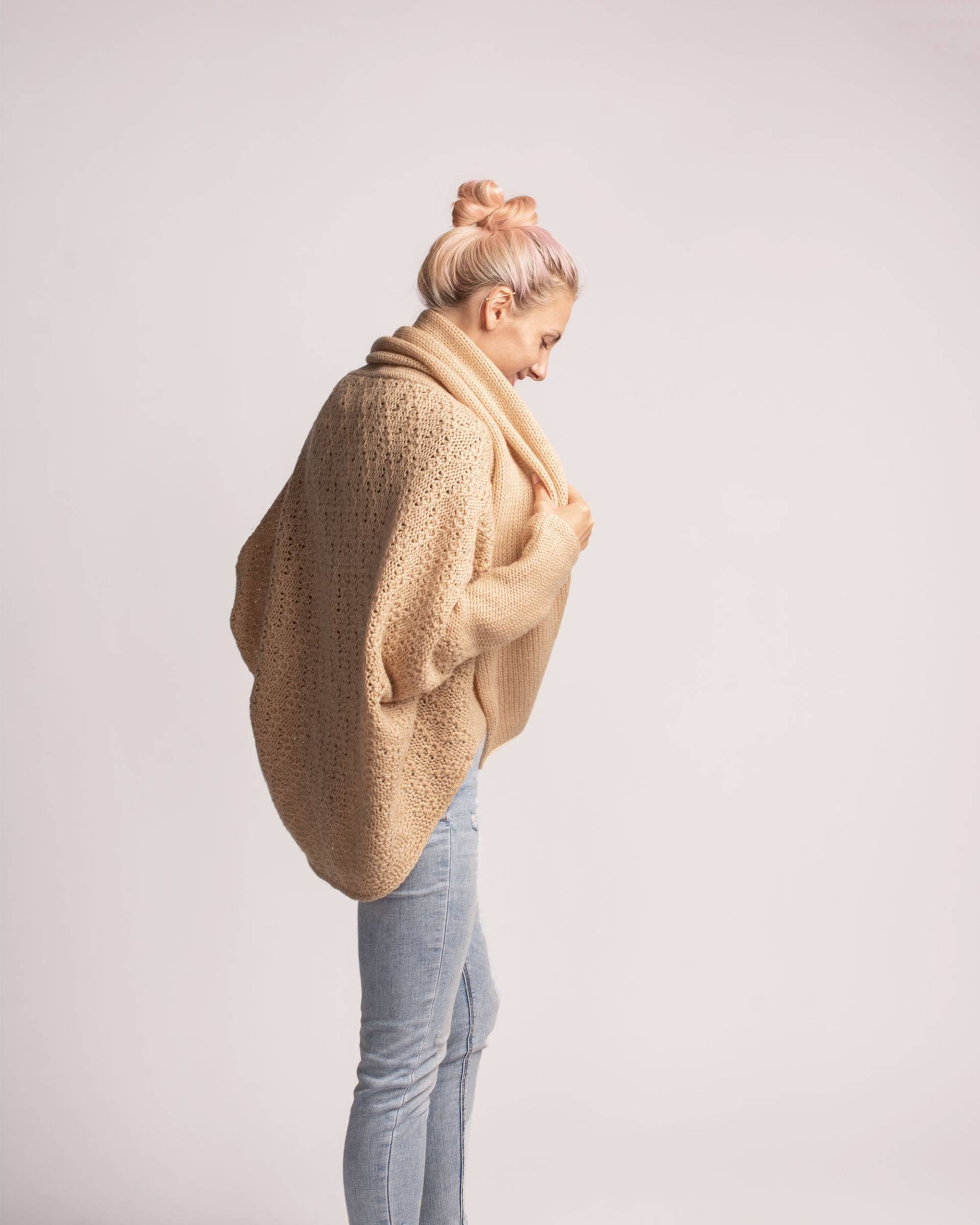 Wolle Kokon Strickjacke, Plus Größe Handgestrickt, Grobstrick Pullover, Ballon Ärmel, Frauen Camel Offene Front Slouchy Strickjacke von IrenKnits