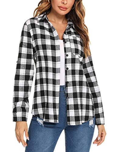 Irevial Bluse Button Down Damen Kariertes Langarm Casual Tops Plaid Hemd, Weiß+Schwarz2, Large von Irevial