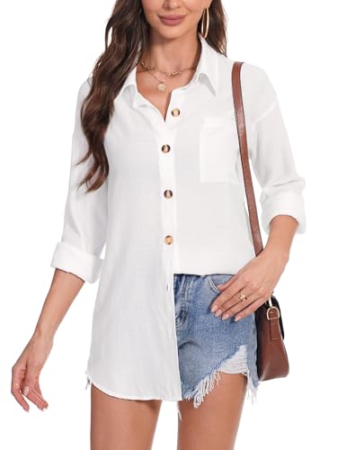 Irevial Leinenhemd Damen Lässig Hemd V-Ausschnitt Baumwolle Bluse Langarm Hemdbluse Lockere Passform Solide Oberteil Elegant mit Tasche Weiß L von Irevial