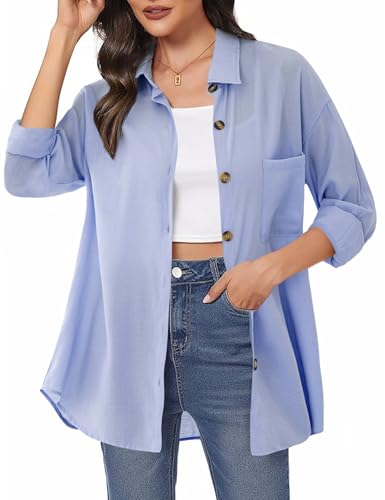 Irevial Leinenbluse Damen Baumwolle Bluse Langarmshirt Lässig Hemd Langarm Oberteile Einfarbig Tops Shirts Hemdjacke Blau S von Irevial