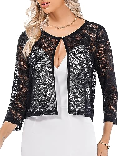 Irevial Damen Spitze Bolero 3/4 Arm Festliche Bolerojacke Spitzenjacke Schulterjacke Für Hochzeit Festlich Cardigan Shrug Zum Kleid Schwarz XXL von Irevial