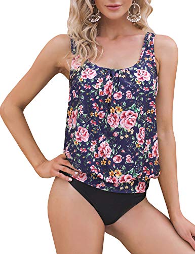 Irevial Damen Badeanzug, Badeanzug Damen Bauchweg Geschichtet Bademode Zweiteiliger Tankini-Badeanzug, Badeanzug Damen Sommer Bademode für Strandkleidung Marineblauer Färberdistel Drucken, M von Irevial