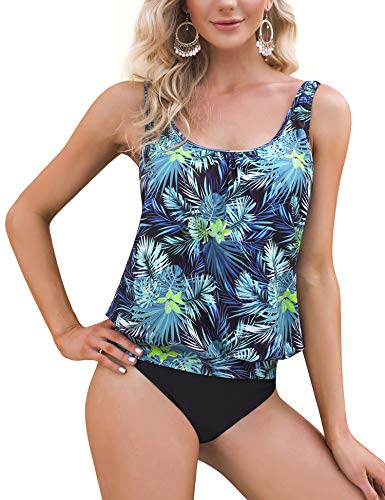 Irevial Damen Badeanzug, Badeanzug Damen Bauchweg Geschichtet Bademode Zweiteiliger Tankini-Badeanzug,Tankini Badeanzug Damen Sommer Bademode für Strandkleidung Grünes Blatt Drucken, L von Irevial