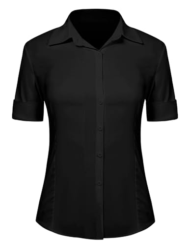 Irevial Damen Bluse Kurzarm Schmal Taillierte Hemdbluse Button Down Slim Fit Shirt für Business,Schwarz,S von Irevial