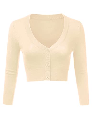 Irevial Damen Bolero Basic Strickjacke Langarm Kurz Cardigan Retro Strickbolero V- Ausschnitt mit Knopf für Frühling, Sommer und Herbst Creme XXL von Irevial